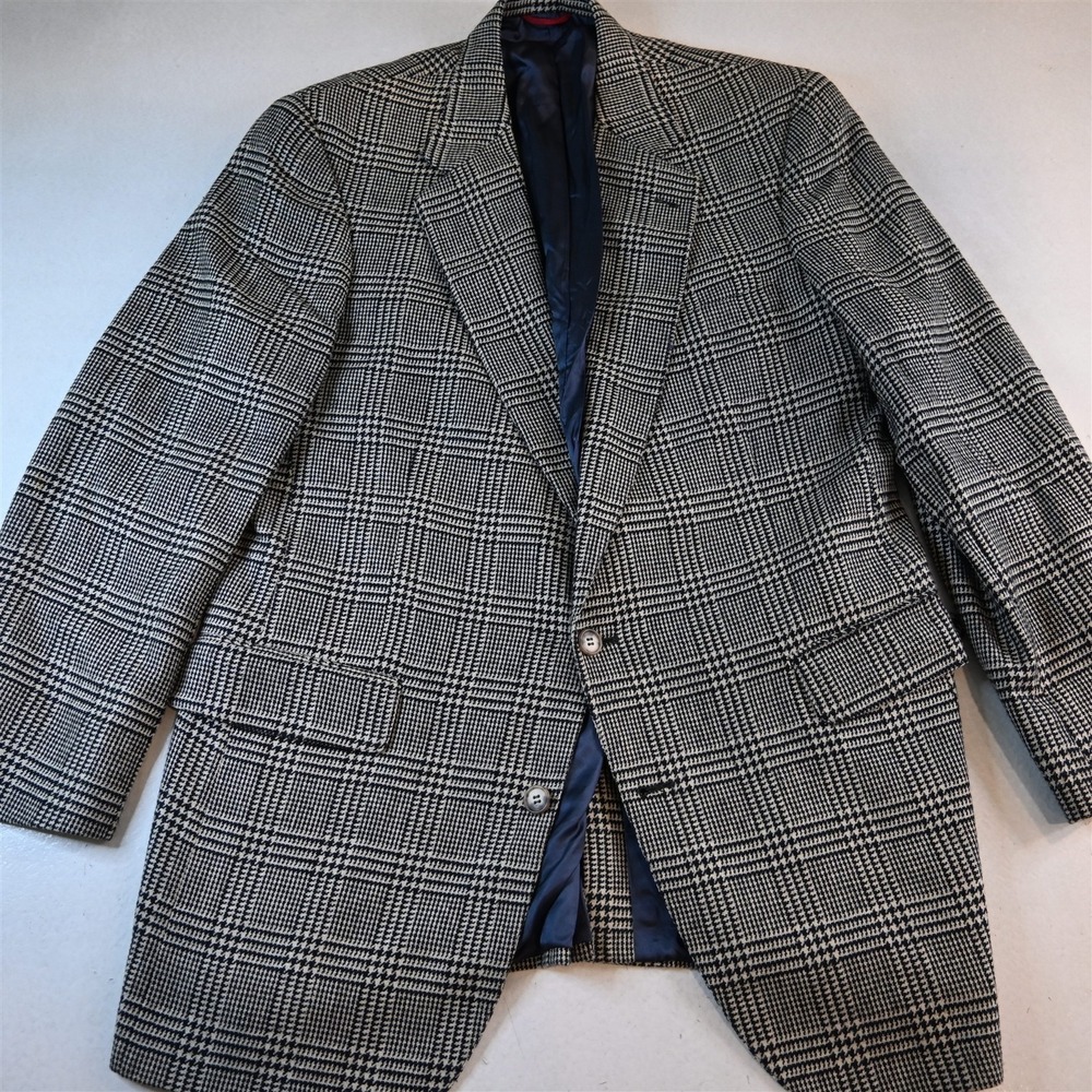 Vtg USA Jos A Bank 42S Gray Glenn Check Wool Tweed Blazer Jacket Sport Coat